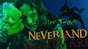 A character holding a green mask from Peter Pan's Neverland Nightmare, showcasing a dramatic expression and eerie atmosphere.